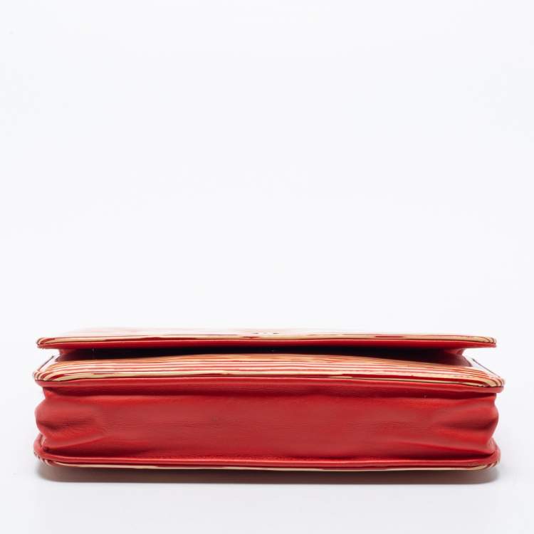 Pre Owned Chanel Red/White Striped Patent Leather Wallet on Chain