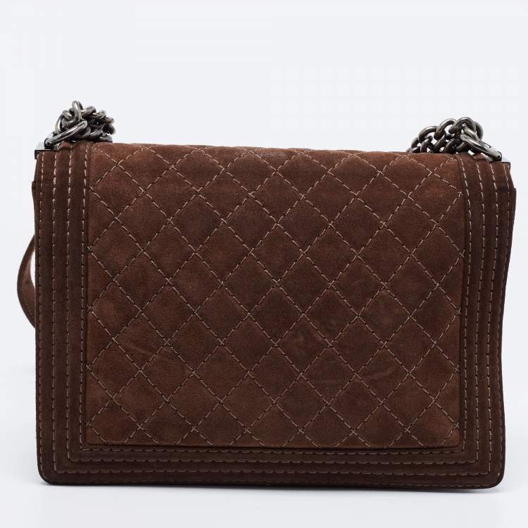 Pre Owned Chanel Brown Quilted Suede Large Boy Bag