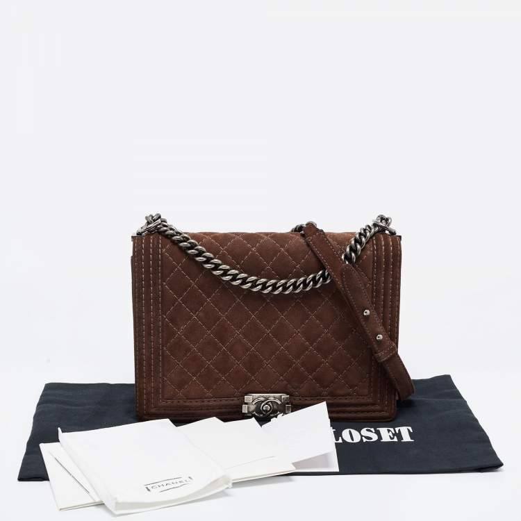 Pre Owned Chanel Brown Quilted Suede Large Boy Bag