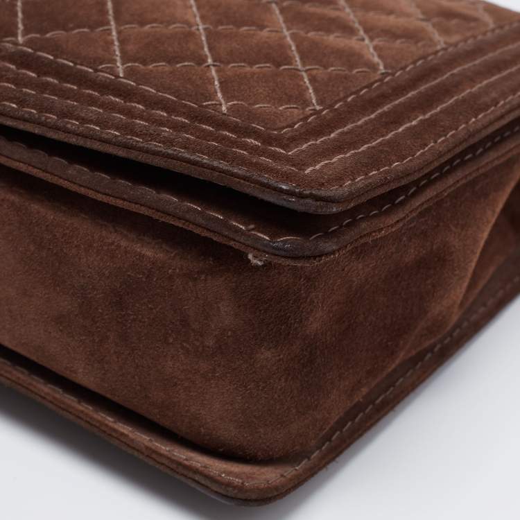 Pre Owned Chanel Brown Quilted Suede Large Boy Bag