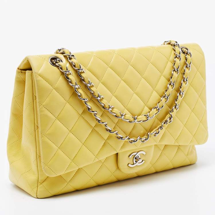 Pre Owned Chanel Yellow Quilted Leather Maxi Classic Single Flap Shoulder Bag