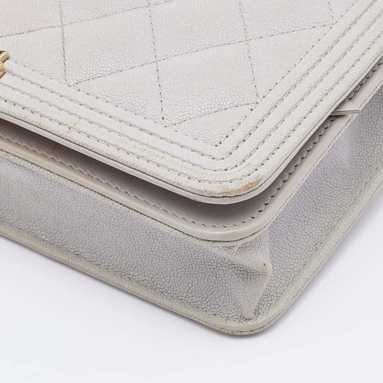 Pre Owned Chanel Grey Quilted Caviar Leather Boy Wallet On Chain