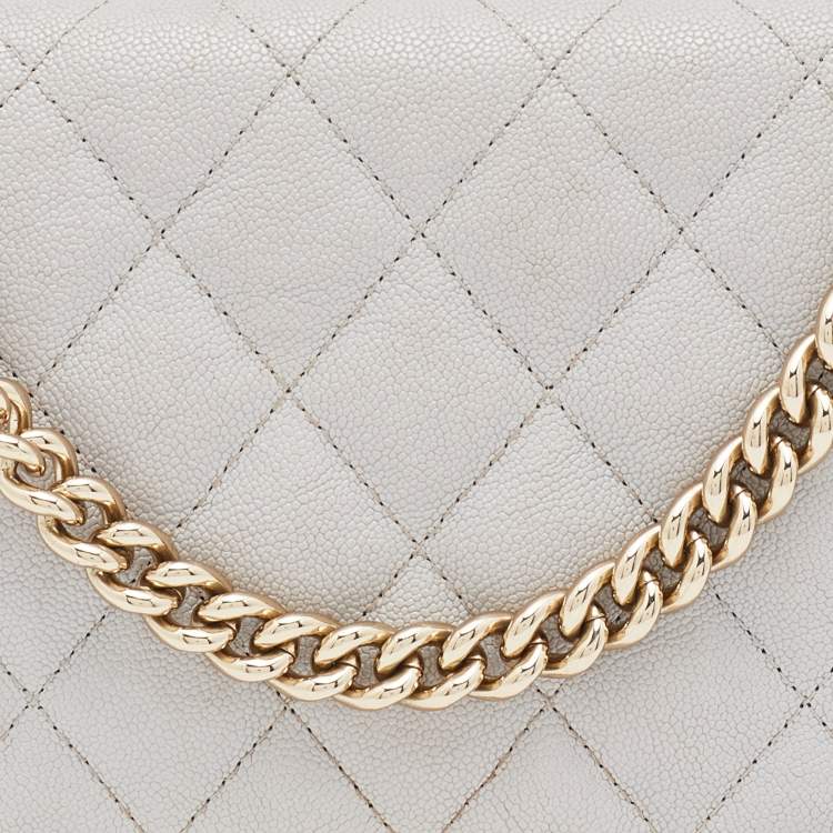 Pre Owned Chanel Grey Quilted Caviar Leather Boy Wallet On Chain