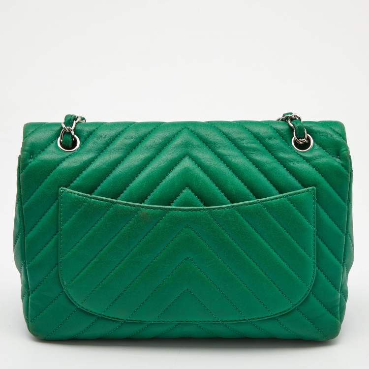 Pre Owned Chanel Green Chevron Leather Jumbo Classic Single Flap Bag