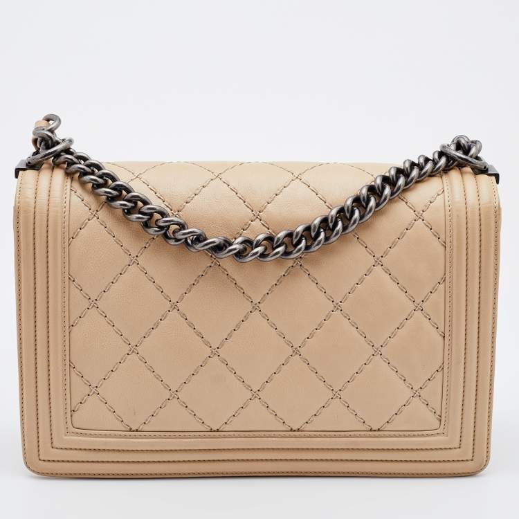 Pre Owned Chanel Beige Quilted Leather New Medium Wild Stitch Boy Bag