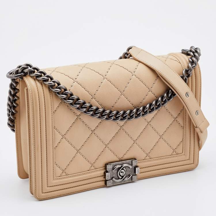 Pre Owned Chanel Beige Quilted Leather New Medium Wild Stitch Boy Bag