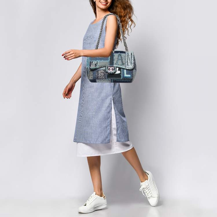 Chanel Blue Denim and Tweed Patchwork Jumbo Single Flap Bag Chanel