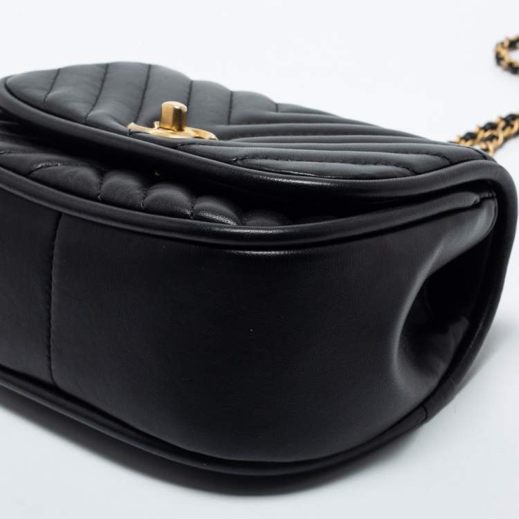 Pre Owned Chanel Black Reverse Chevron Leather Mini Round Flap Bag