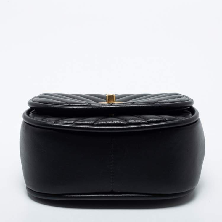 Pre Owned Chanel Black Reverse Chevron Leather Mini Round Flap Bag