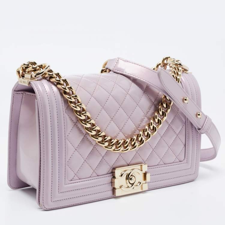 Pre Owned Chanel Light Purple Quilted Patent Leather Medium Boy Bag