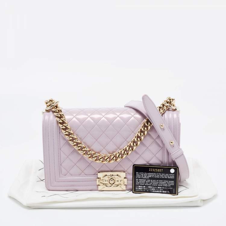 Pre Owned Chanel Light Purple Quilted Patent Leather Medium Boy Bag