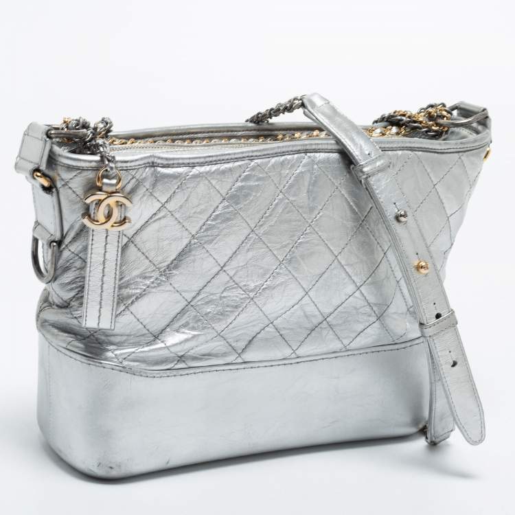 Pre Owned Chanel Silver Quilted Leather Gabrielle Hobo 