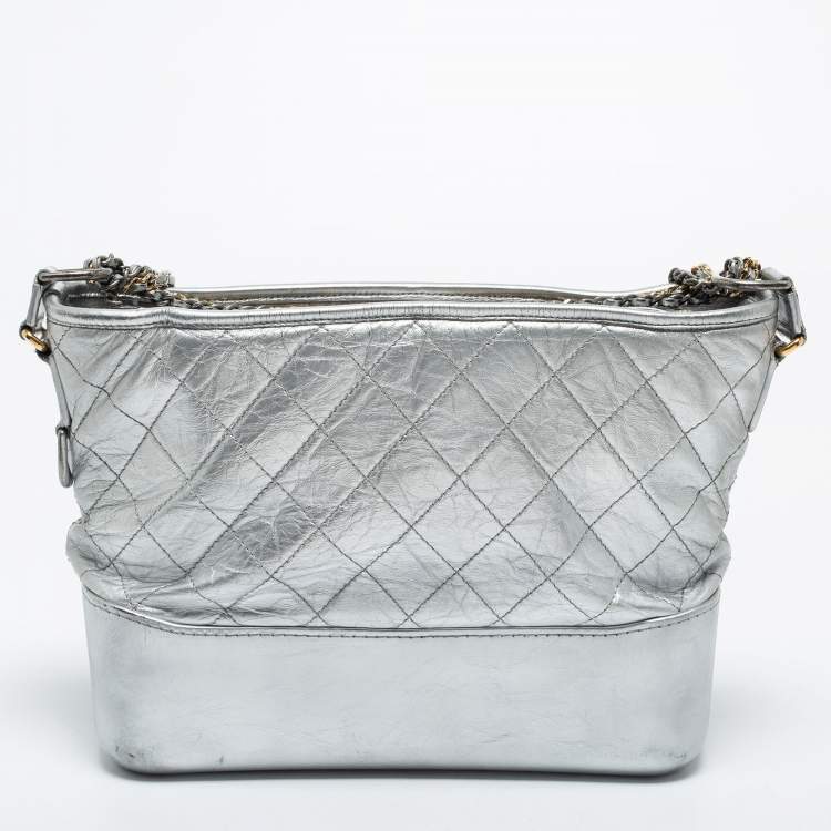 Pre Owned Chanel Silver Quilted Leather Gabrielle Hobo 