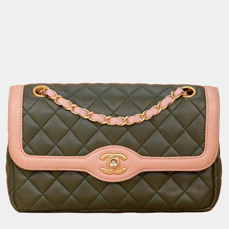 Chanel Pink/Green Quilted Lambskin Leather Two Tone Single Flap Bag  Shoulder Bag Chanel