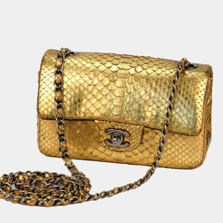 Chanel Bag Classic Single Flap Gold Python Leather with Gold