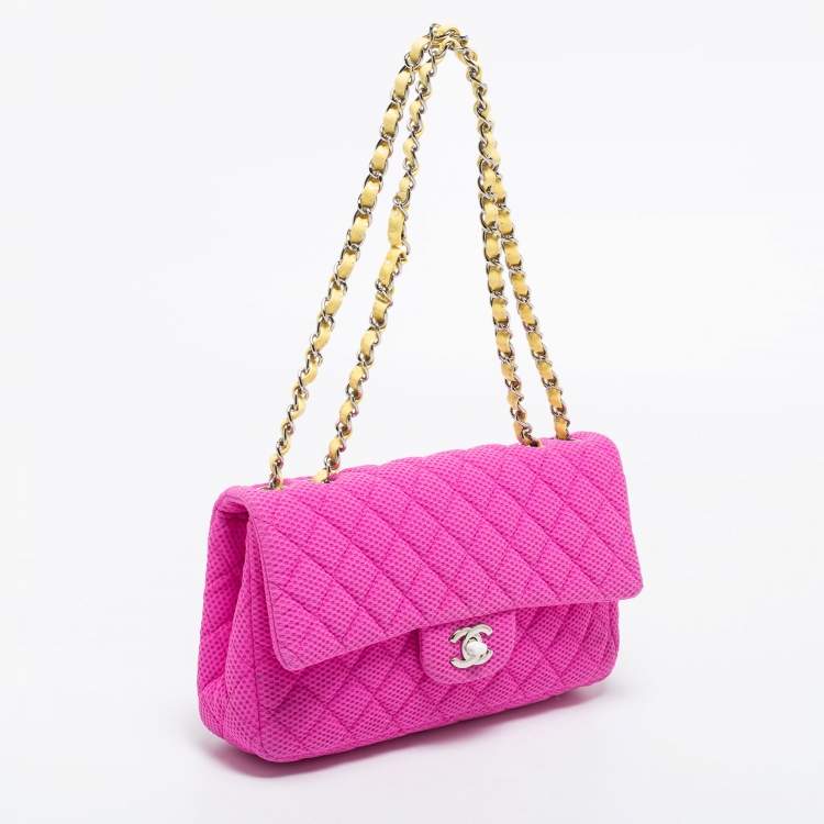 Pre Owned Chanel Pink Perforated Jersey and Patent Leather Medium Classic Single Flap Shoulder Bag