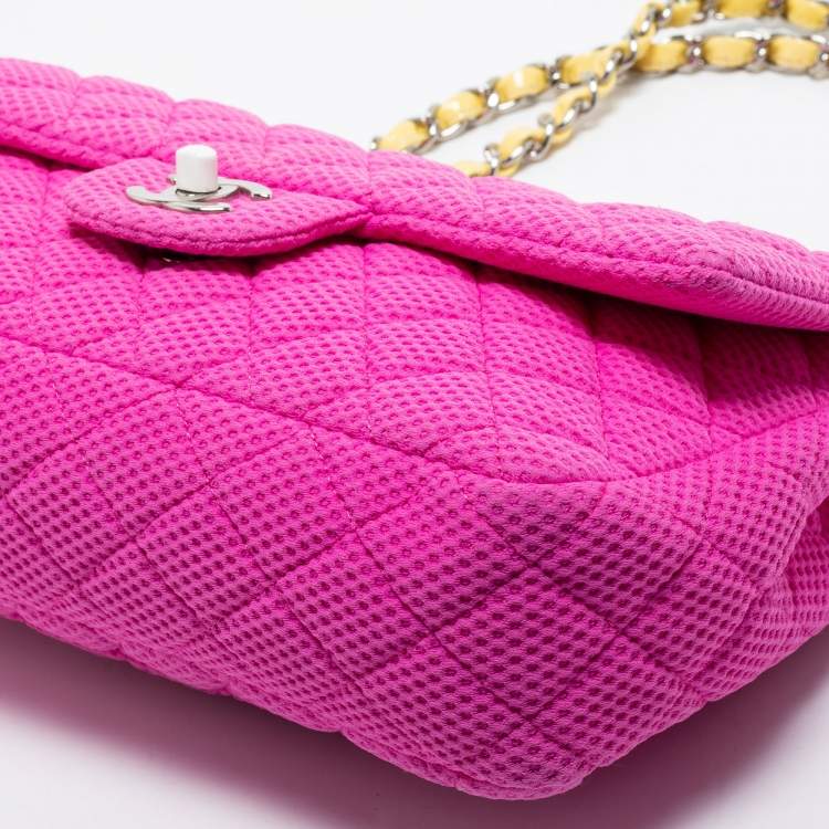 Pre Owned Chanel Pink Perforated Jersey and Patent Leather Medium Classic Single Flap Shoulder Bag