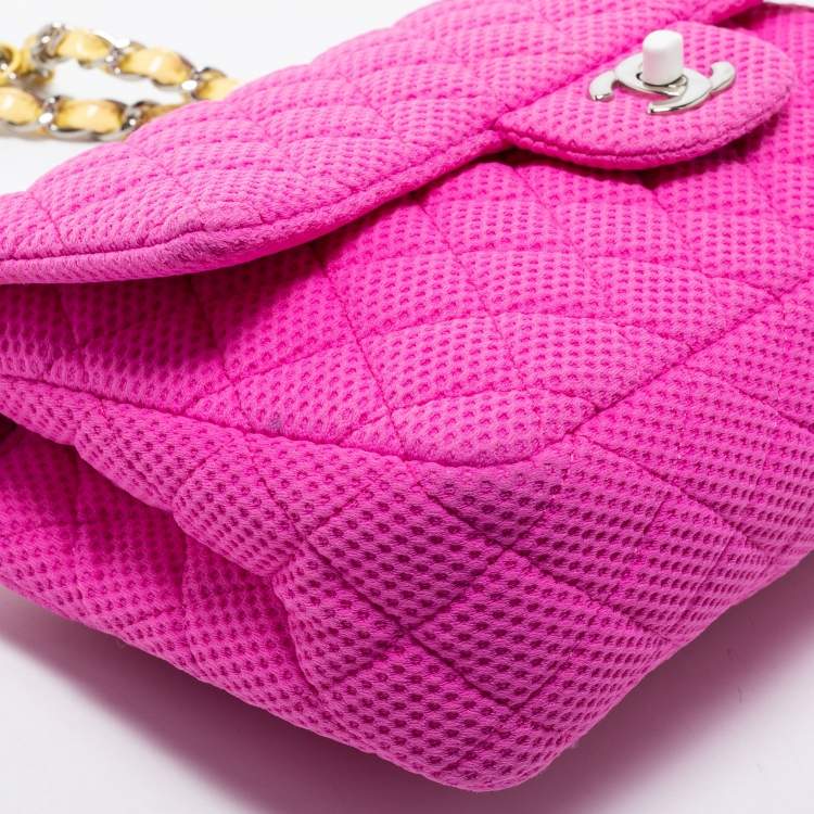 Pre Owned Chanel Pink Perforated Jersey and Patent Leather Medium Classic Single Flap Shoulder Bag