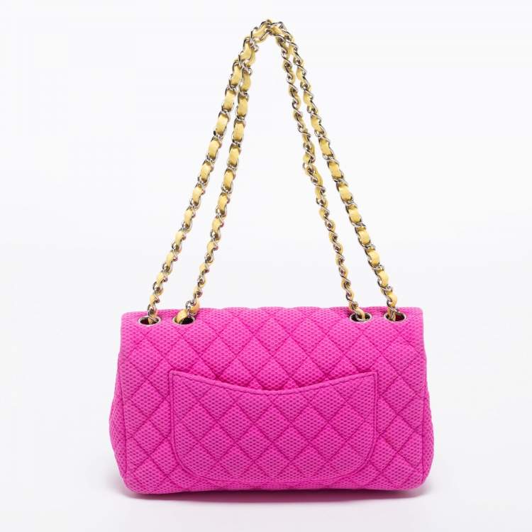 Pre Owned Chanel Pink Perforated Jersey and Patent Leather Medium Classic Single Flap Shoulder Bag