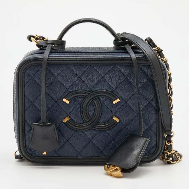 Chanel Lambskin Quilted Small Top Handle Vanity Case With Chain Navy   STYLISHTOP