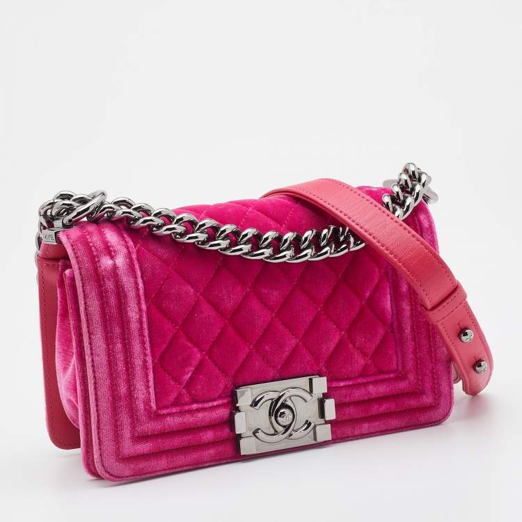 Pre Owned Chanel Pink Quilted Velvet Small Boy Bag