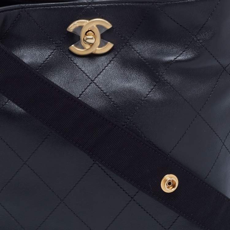 Pre Owned Chanel  Black Quilt Stitched Leather Button Up Hobo