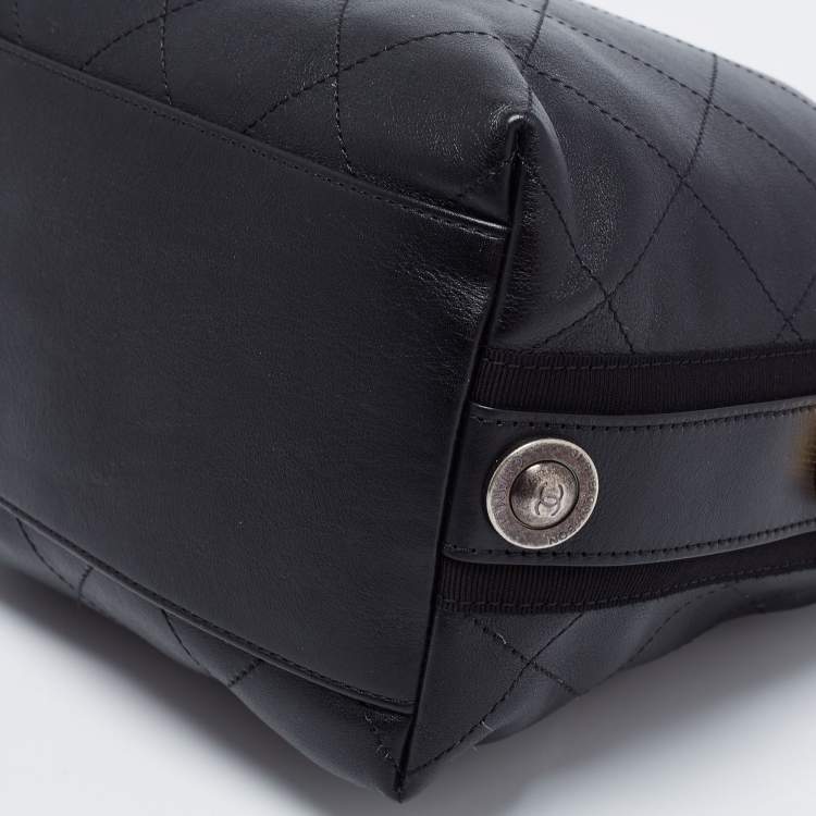 Pre Owned Chanel  Black Quilt Stitched Leather Button Up Hobo