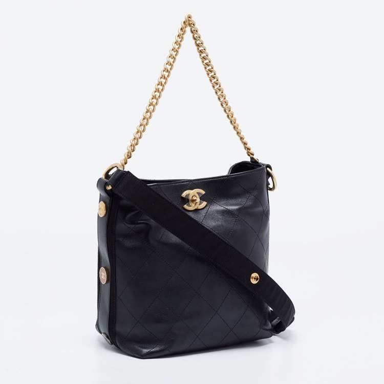 Pre Owned Chanel  Black Quilt Stitched Leather Button Up Hobo