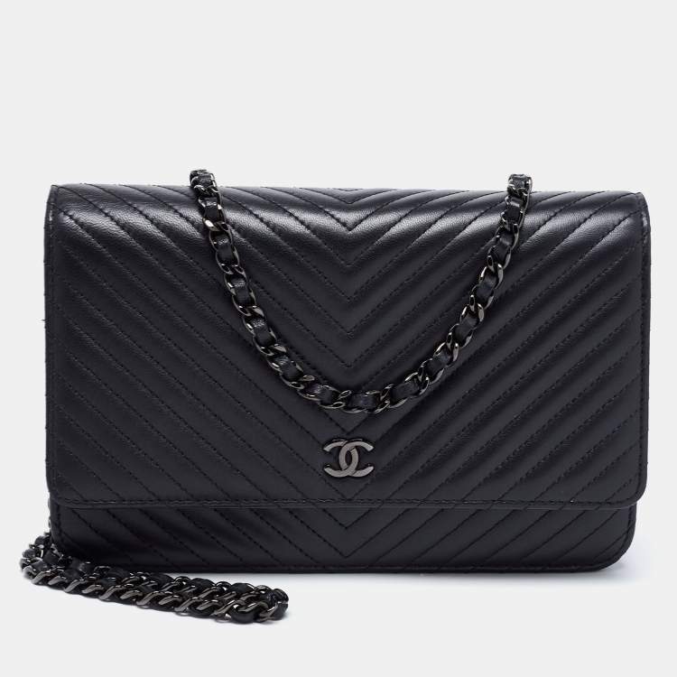 Chanel Black Chevron Leather Wallet on Chain Chanel
