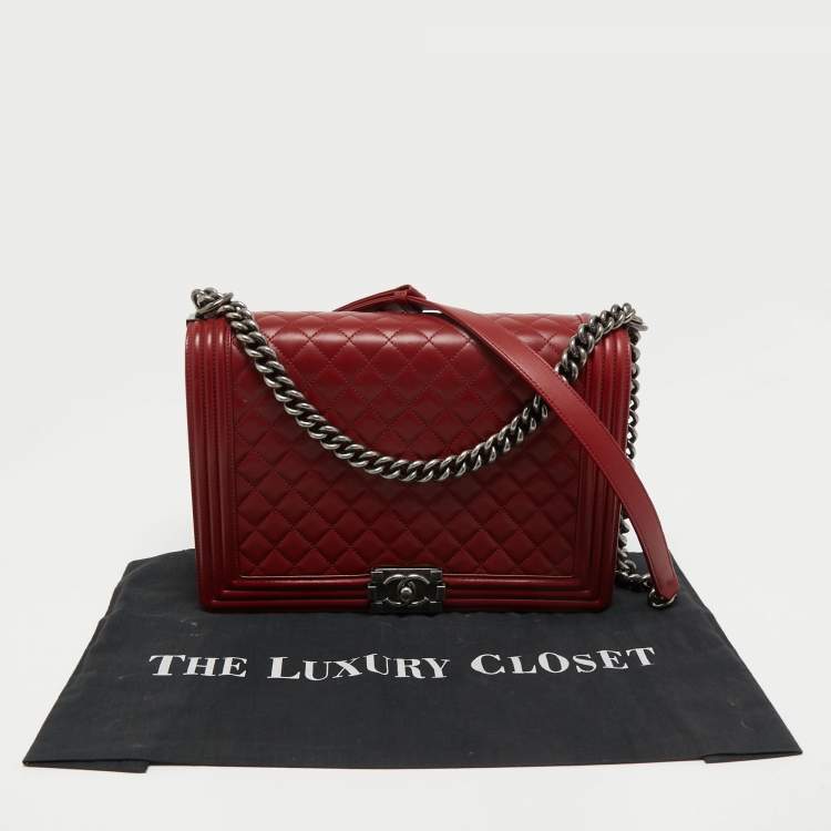 Pre Owned Chanel Red Quilted Leather Large Boy Flap Bag