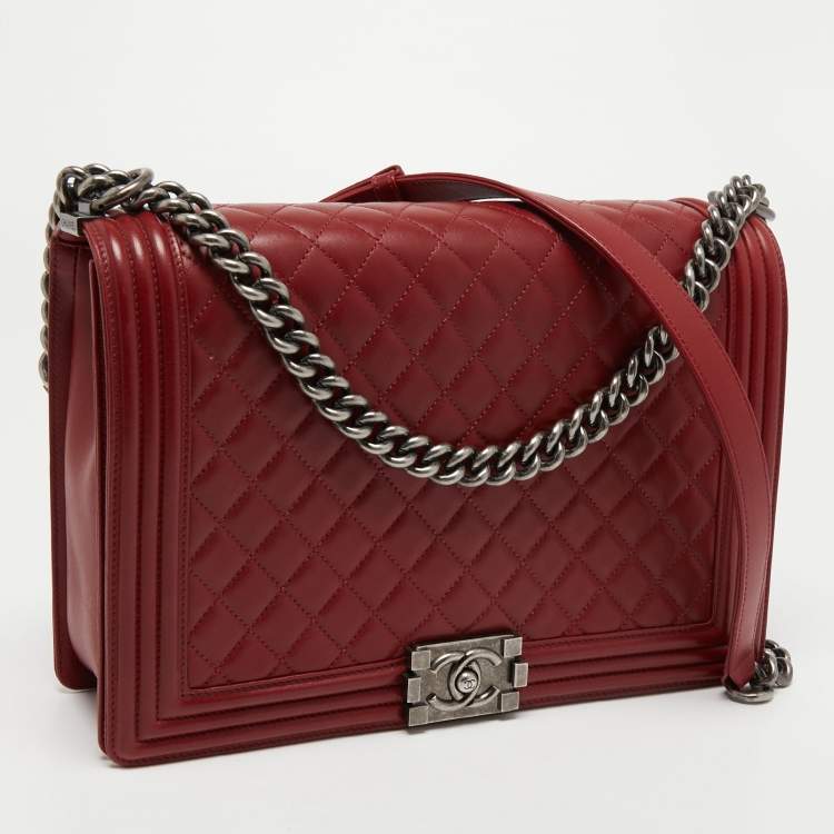 Pre Owned Chanel Red Quilted Leather Large Boy Flap Bag