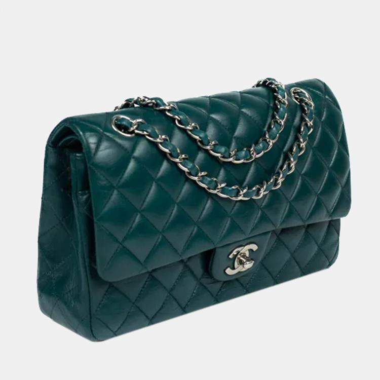 Chanel Green Leather Medium Classic Double Flap Shoulder Bag شانيل