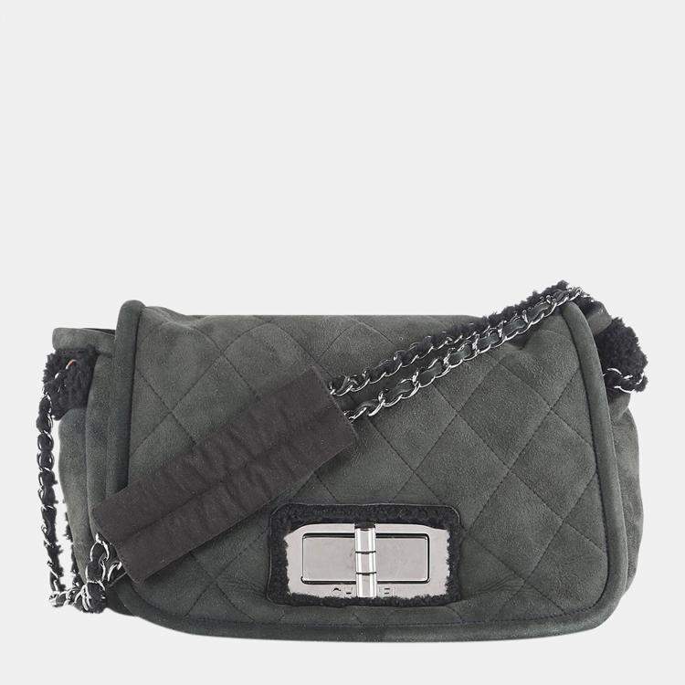 Chanel Black Quilted Nubuck Shearling Single Flap Bag