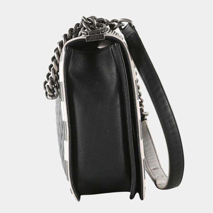 Chanel Black & White Lambskin Leather Flap Boy Bag with Checkerboard Trim