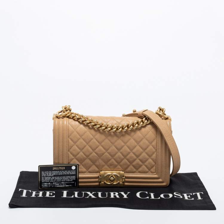 Pre Owned Chanel Beige Quilted Caviar Leather Medium Boy Flap Bag