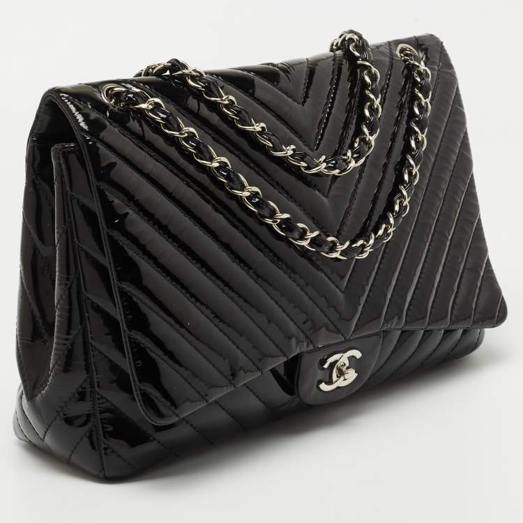 Pre Owned Chanel Black Chevron Patent Leather Maxi Classic Single Flap Bag
