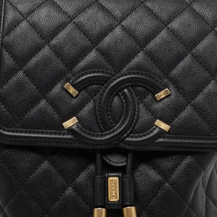 Pre Owned Chanel Black Quilted Caviar Leather Filigree Backpack
