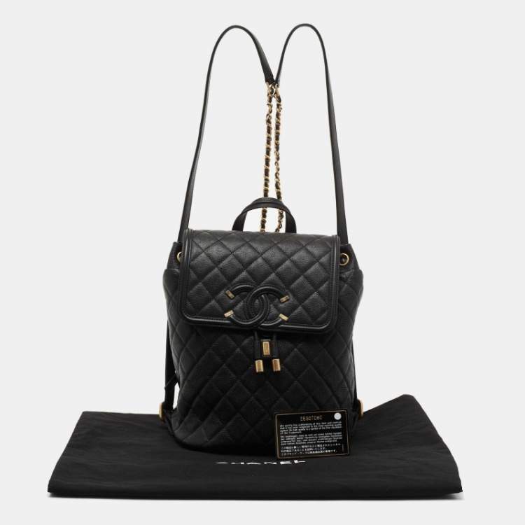 Pre Owned Chanel Black Quilted Caviar Leather Filigree Backpack