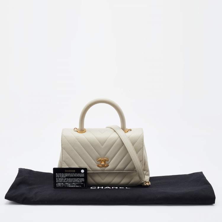 Pre Owned Chanel White Chevron Quilted Caviar Leather Mmall Coco Handle Bag