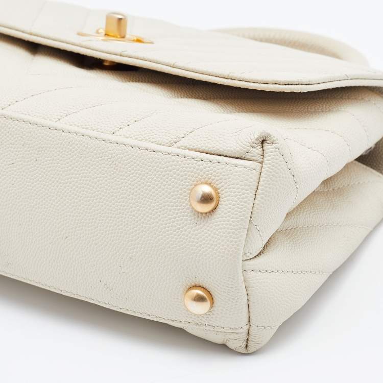 Pre Owned Chanel White Chevron Quilted Caviar Leather Mmall Coco Handle Bag