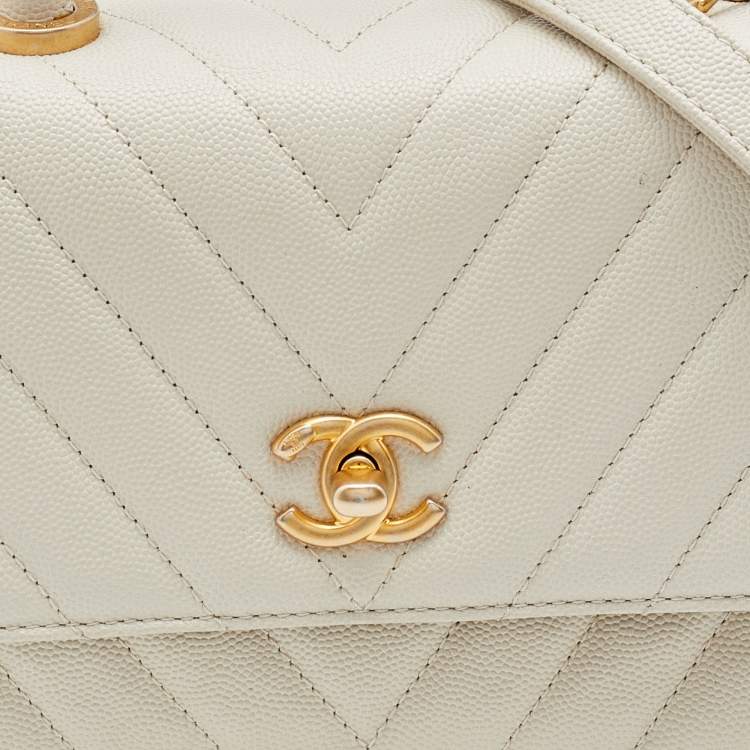 Pre Owned Chanel White Chevron Quilted Caviar Leather Mmall Coco Handle Bag