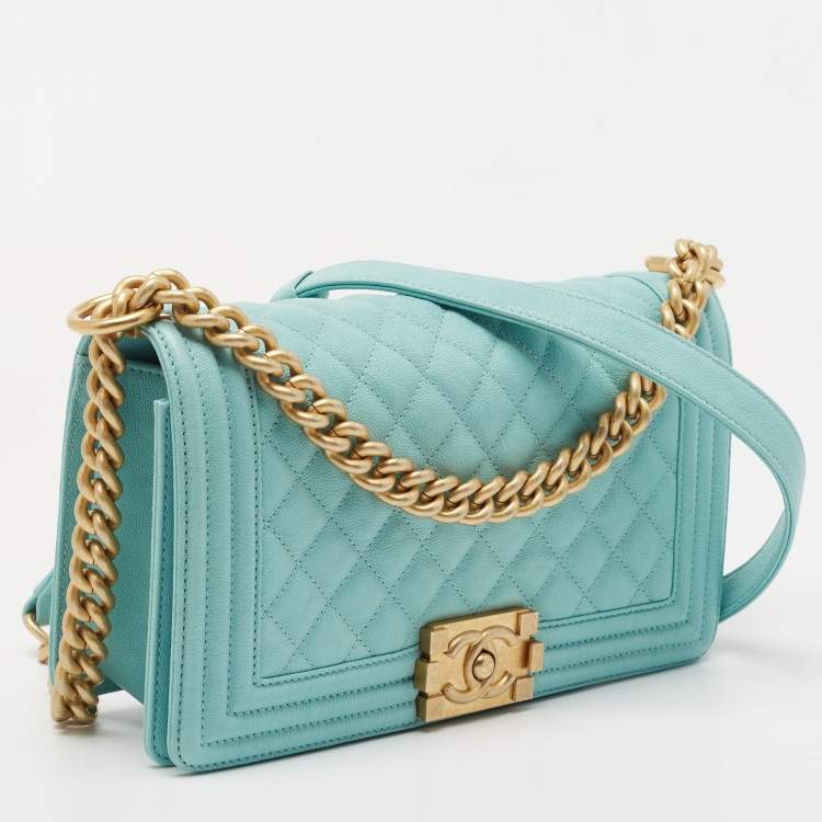 Pre Owned Chanel Turquoise Quilted Caviar Leather Medium Boy Bag