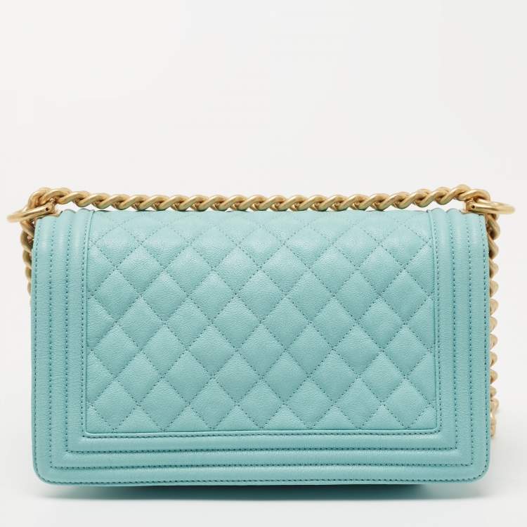 Pre Owned Chanel Turquoise Quilted Caviar Leather Medium Boy Bag