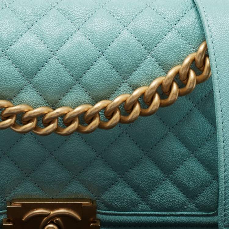 Pre Owned Chanel Turquoise Quilted Caviar Leather Medium Boy Bag