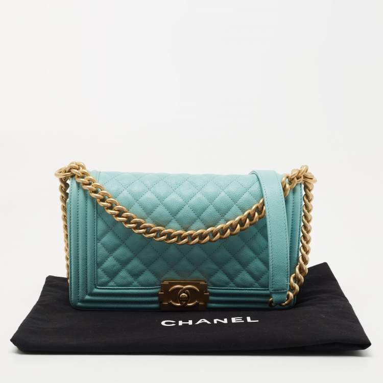 Pre Owned Chanel Turquoise Quilted Caviar Leather Medium Boy Bag