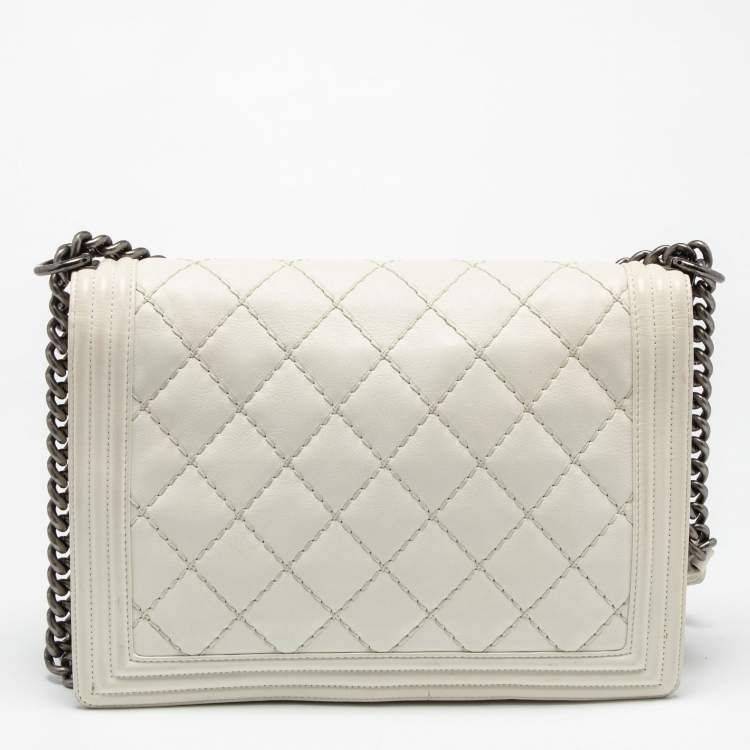 Pre Owned Chanel White Quilted Leather Large Wild Stitch Boy Bag