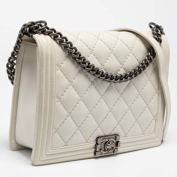 Pre Owned Chanel White Quilted Leather Large Wild Stitch Boy Bag