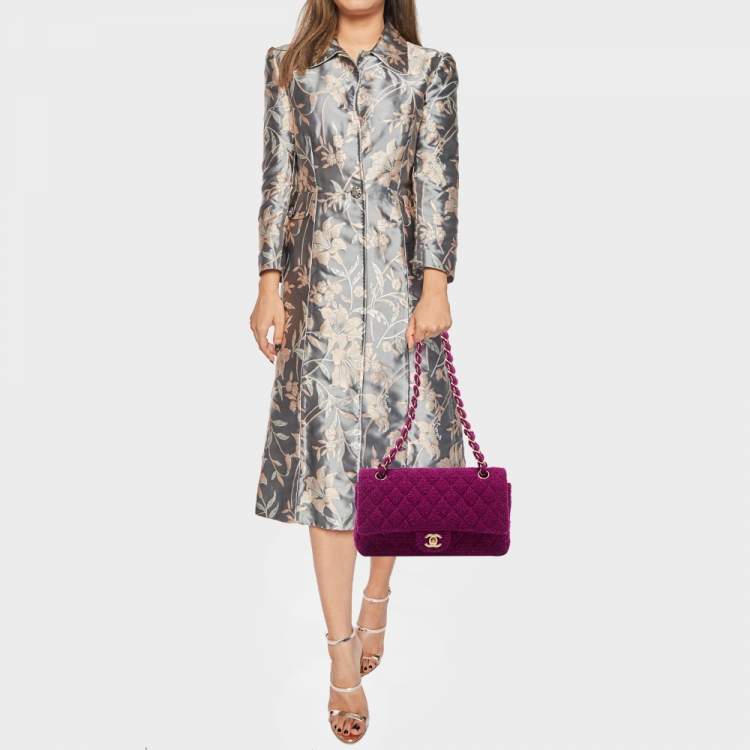 Chanel Quilted Tweed Medium Classic Double Flap Ruthenium Hardware, 2018 (Very Good), Grey Womens Handbag
