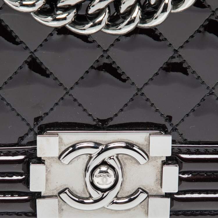 Pre Owned Chanel Plum Quilted Patent Leather Small Boy Flap Bag