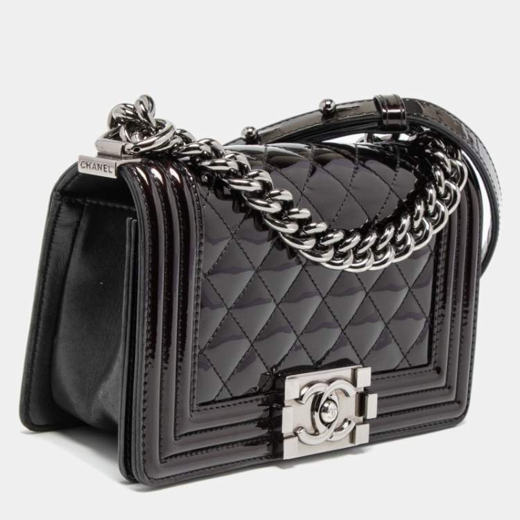 Pre Owned Chanel Plum Quilted Patent Leather Small Boy Flap Bag